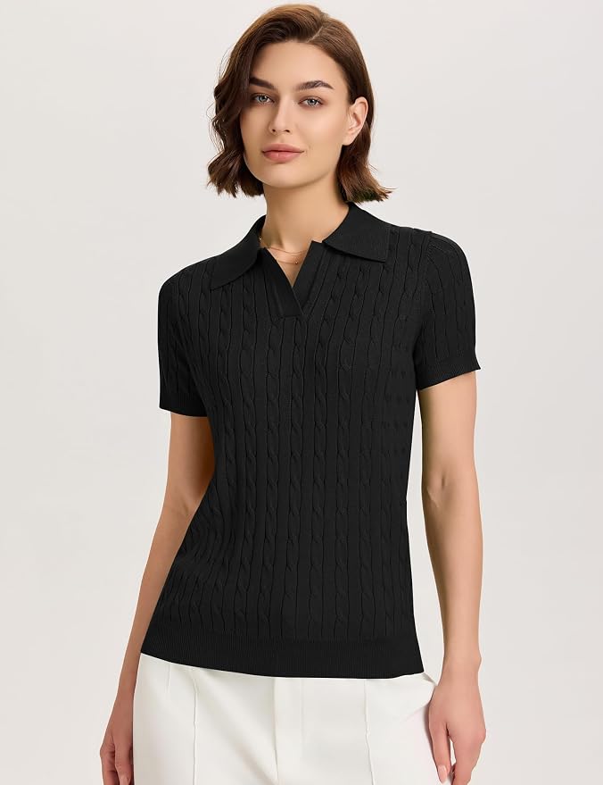 Micoson Womens Short Sleeve Sweater Tops Lapel V Neck Polo Shirts 2026 | Summer Cable Knit Loose Blouses, Business Casual Outfits