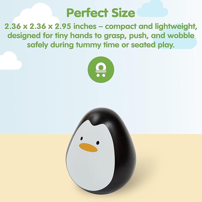PlanToys® Penguin Wobbler Montessori Wooden Baby Sensory Toy for Tummy Time | Cause & Effect Developmental Toy for Babies 6+ Months