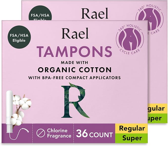 Rael Tampons, Compact Applicator Tampon Made with Organic Cotton, Multipack, Regular and Super Absorbency, BPA-Free, Chlorine-Free, Leak Locker Technology (72 Count, Bundle)
