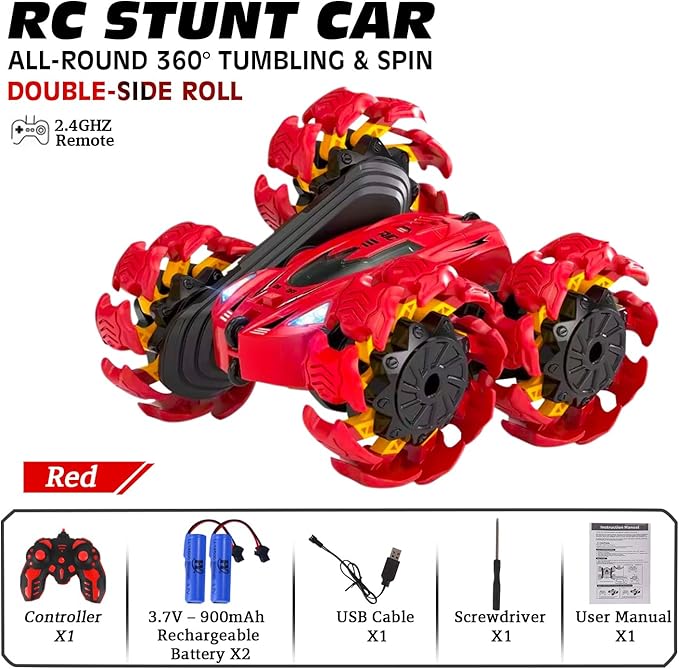 Remote Control Car, New Upgraded Double-Sided 360° Rotating RC Toy Cars with LED Headlights, 2.4GHz Rechargeable Electric Race Stunt Car with 4WD, Best Gift for 6-12 Year Old Boys and Girls (Red)