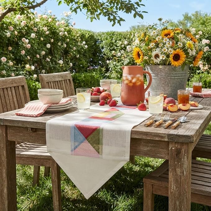Korean Bojagi Table Runner, Ramie Patchwork Dining Decor, White, 79 x 12 in | Ramie Korean Table Runner with Bojagi Patchwork for 4-Seat Dining Tables