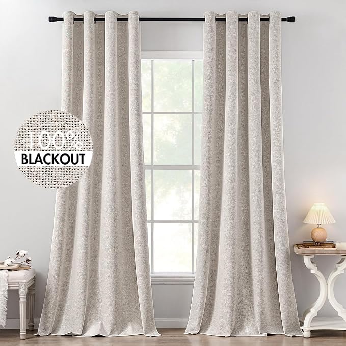 MIULEE 100% Blackout Linen Textured Curtains for Bedroom Solid Thermal Insulated Ivory Grommet Room Darkening Curtains & Drapes Luxury Decor for Living Room 52 x 102 Inch (2 Panels)