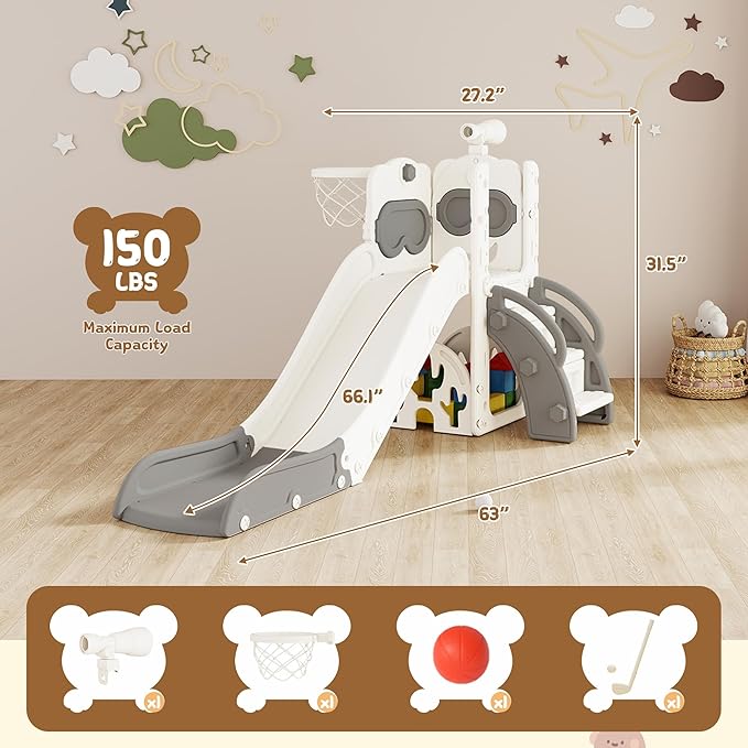 8-in-1 Toddler Slide, Indoor Slide for Toddlers Ages 1-3 and Indoor/Outdoor Play Set Playground with Storage, Climber, Telescope, Golf Set, Drawing Set, Basketball Hoop Bear Theme