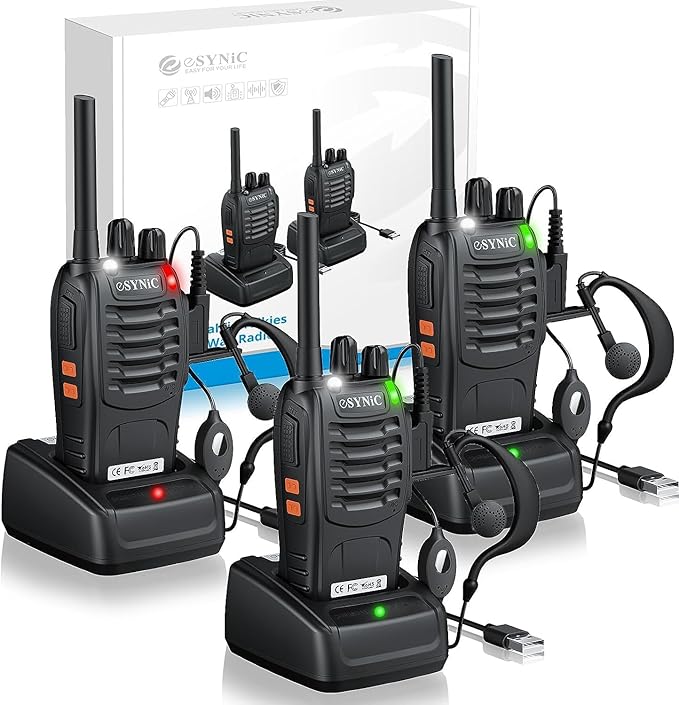 eSynic 3 Pack Walkie Talkies Kit-3 Miles Long Range Walky Talky-Rugged Designed-Flashlight & VOX Hand Free Talking-1500mAh Rechargeable Battery- Rainproof-for Camping/Travel Trip/Construction Sites
