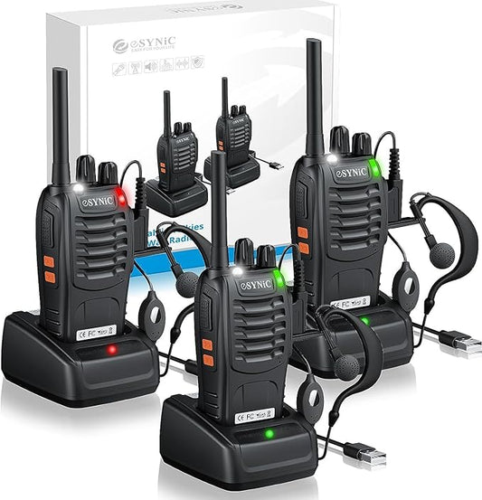eSynic 3 Pack Walkie Talkies Kit-3 Miles Long Range Walky Talky-Rugged Designed-Flashlight & VOX Hand Free Talking-1500mAh Rechargeable Battery- Rainproof-for Camping/Travel Trip/Construction Sites