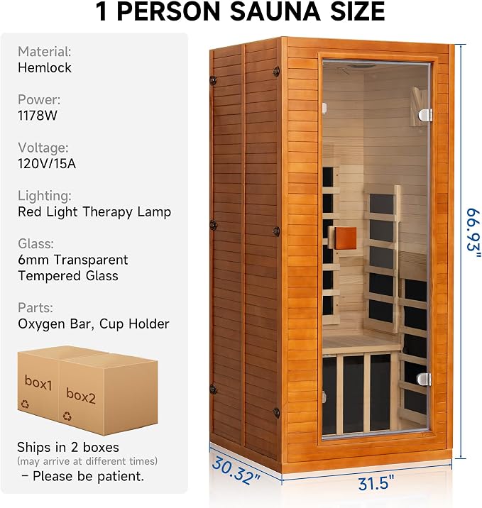 Full Spectrum Infrared Sauna, 1 Person Home Infrared Sauna with Red Light Therapy, Indoor Canadian Hemlock Wood Dry Saunas Room,1178w/120v, Foot Warmer, 7 Heating Panels, Bluetooth Speakers