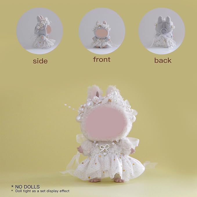 17cm Doll Clothes Set and Accessories Suit,（NO Doll） 3-Piece Set, Outfits for Clothes Set, Dolls Keychain Accessories, Including Fairy Dress, Pearl Hair Accessories, Bow Necklace(White)