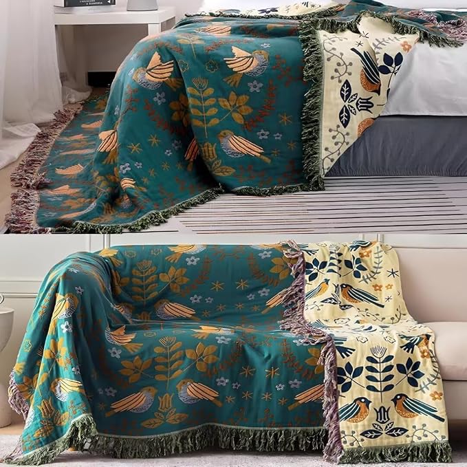 Boho Throw Blanket for Bed 100% Cotton Bohemian Blankets Ultra Soft Woven Muslin Decorative Blankets All Seasons Vintage Quilt Knitted Blanket for Sofa Chair(Blue, 90"x98")
