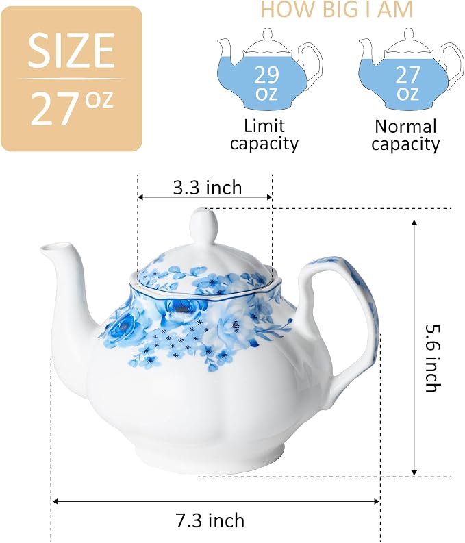 27oz Floral Porcelain Teapot with Blue Rose Pattern, Ceramic Small Teapot for Loose Leaf & Tea Bags, Dishwasher Safe, Classic Design for Daily Tea & Gift Giving