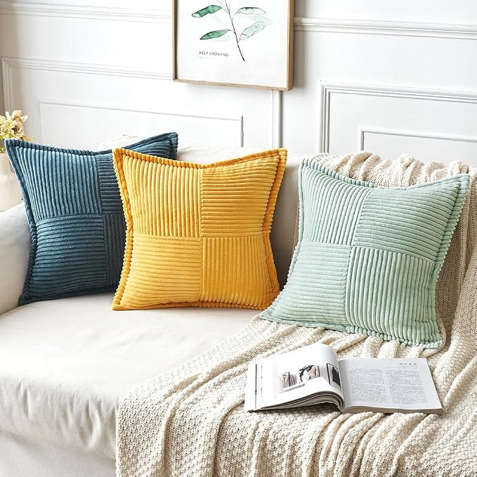 MIULEE Mint Green Corduroy Pillow Covers 20x20 Inch with Splicing Set of 2 Soft Boho Striped Pillow Covers Broadside Decorative Textured Summer Pillowcases for Couch Cushion Bed Livingroom