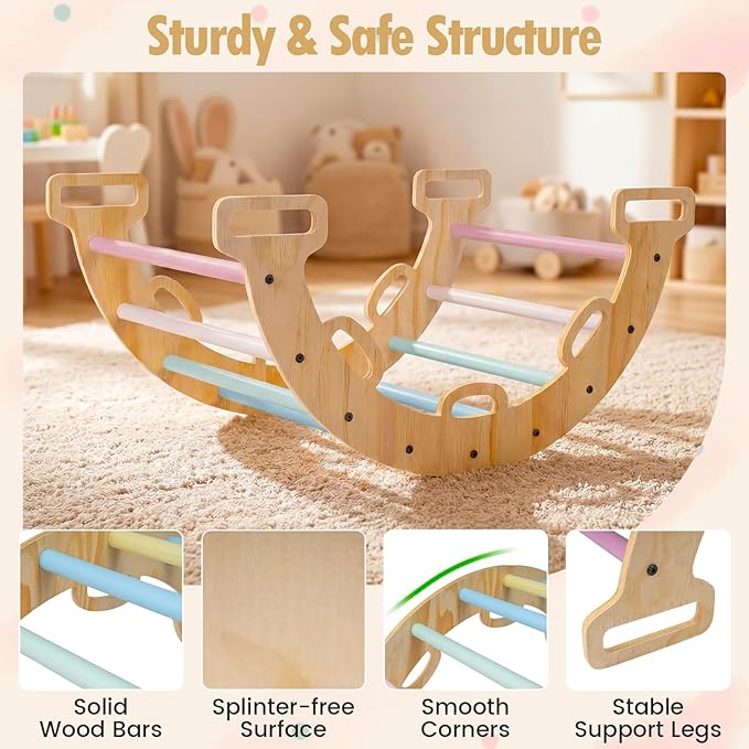 Costzon Wooden Rocking Climbing Arch w/Cushion, 3-in-1 Montessori Kids Climber Rocker for Toddlers, Playground Climbing Ladder Toy, Indoor Gym Learning Playset for Boys Girls Ages 1+ (Macaron)