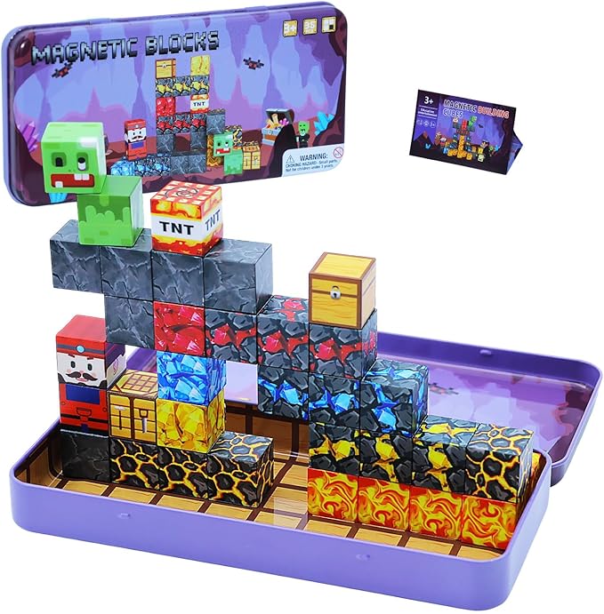 Magnetic Blocks Set, 35PCS Educational STEM Mine Tunnel Travel Building Toys for Kids 3+, Portable Magnetic Block with Metal Storage Box, Toddler Learning Toys for Boys Girls 4-8 Birthday Gift