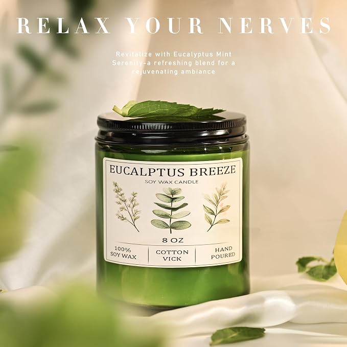 Eucalyptus & Mint Candles for Home Scented, 40 Hours Burn Soy Candle Gift for Women Stress Relief, Meditation, Yoga, Relaxing, Natural Soy Wax for Men and Women, 8oz