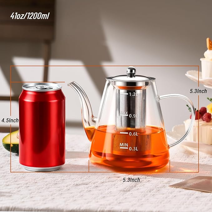 PARACITY Glass Teapot Stovetop, Borosilicate Clear Tea Kettle with Removable 18/8 Stainless Steel Infuser, Teapot Blooming and Loose Leaf Tea Maker Tea Brewer for Camping (transparent, 1200ml-scale)
