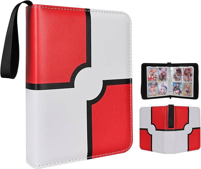 Collectible Trading Card Albums,4 Pocket Card Binder, 400 Double Sided Pocket,PU Premium Zip Trading Card Binder for TCG, MTG,Sports Cards (Red&White&Black)