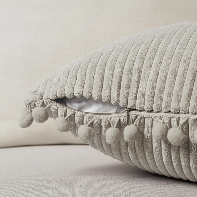 Fancy Homi 2 Packs Neutral Taupe Decorative Throw Pillow Covers 20x20 Inch with Pom-poms for Couch Bed Sofa, Aesthetic Modern Organic Farmhouse Boho Home Decor, Soft Corduroy Cute Accent Cushion Case
