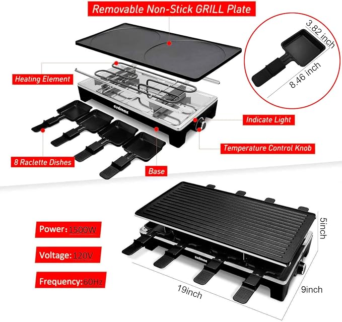 CUSIMAX Raclette Grill Electric Grill Table Portable 2in1 Korean BBQ Grill | Reversible Non-stick Plate, Crepe Maker with Adjustable Temperature Control, 8 Paddles & Shovels/Adjustable Temperature