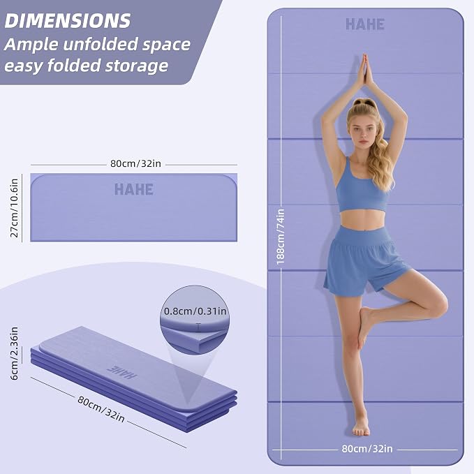Foldable Yoga Mat,74"Lx32"Wx1/3"Thick,Folding Exercise Mat,Non-slip Wide Pilates Mats for Home Workout/Travel, Portable Yoga Mat Thick for Yoga/Pilates/Camping/Floor Exercises