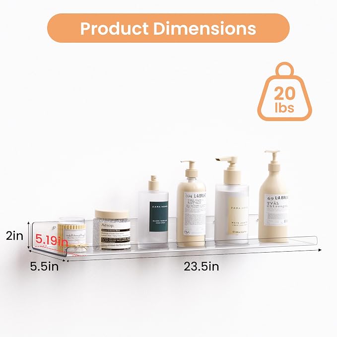 upsimples 23.6" Acrylic Shelves for Wall Storage and Organizer, 2 Pcs | Extended Shelf for Picture, Skincare, Perfume, Bag, Kitchen Spice Rack, Kids Bookshelf, Invisible for Displaying, Room Décor