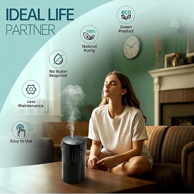 Waterless Essential Oil Diffuser, Portable Car Diffuser with Rechargeable Battery, Cordless Aromatherapy Diffuser for Home Office Bedroom, USB-C Nebulizing, 600 Sq Ft Coverage (Black)