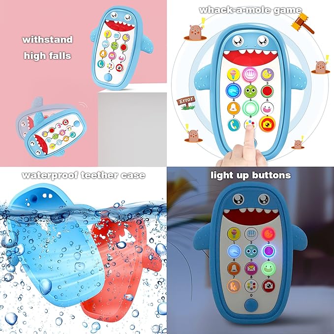 Baby Shark Cell Phone Toy Removable Teether Case, Light, Music & Adjustable Volume Kids Play & Learn Fake Phone Infant Toddler, Preschool Holiday Birthday Present for Girl Boy 0-6, 6-18 Months (Blue)