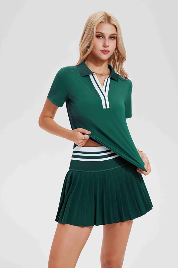 Tennis Skirt Set for Women Color Block V Neck Golf Pickleball Outfits Pleated Athletic Two Piece Skirts Sets