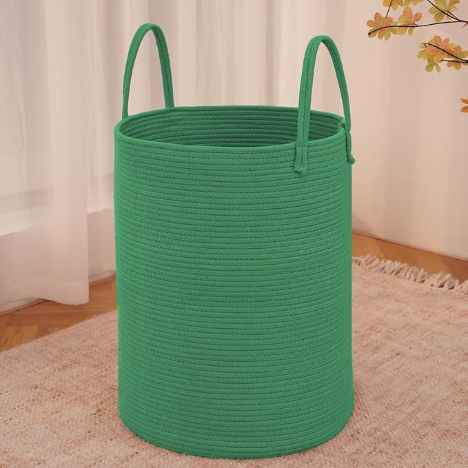 JMvicyroam 100L Cotton Rope Laundry Basket Hamper, Dark Green | Collapsible laundry basket, reinforced handles, freestanding, machine washable, holds 3-5 thick blankets, clothes or toys