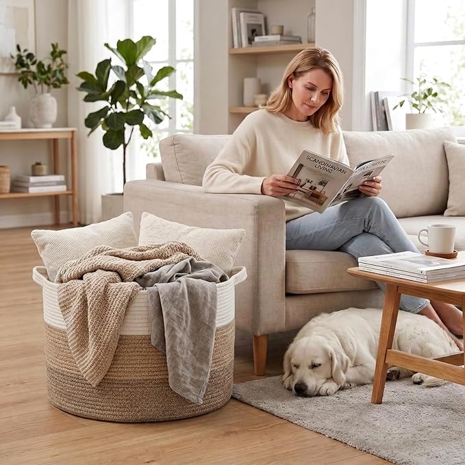 65L Large Blanket Basket,Woven Rope Laundry Basket-Mix Brown | Collapsible Nursery Storage Bin with Sturdy Handles, Organizes Clothes, Toys and Pillows for Living Room, Bedroom, Bathroom