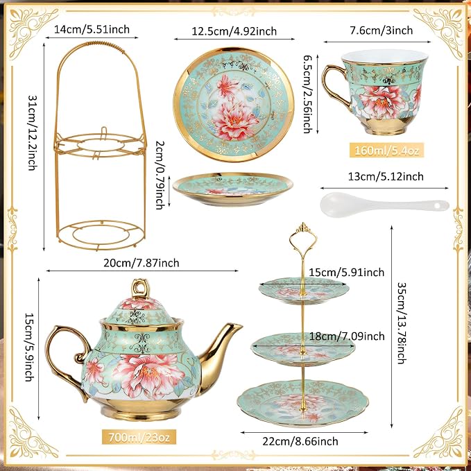 Maxcheck 21 Pcs Porcelain Tea Set for Women Tea Party with Metal Holder and 3 Tier Cake Stand Ceramic European Floral Teapot Set for Adults Mother's Day Christmas Thoughtful Gift(Fresh Style)