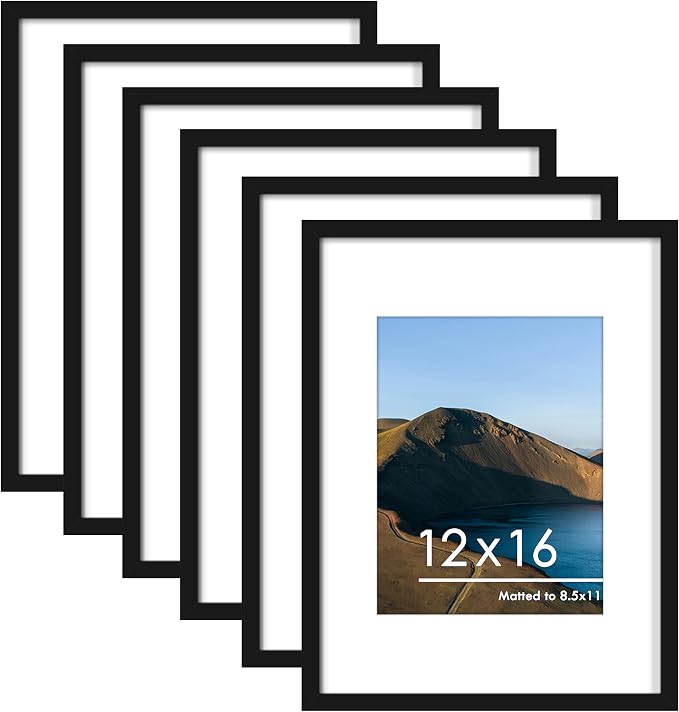 12x16 Picture Frame Set of 6, Wall Mounting Display, Black | Display 8.5x11 with Mat or 12x16 Without Mat, Horizontal or Vertical, Gallery Wall Frame Set for Wedding & Room & Home Decor