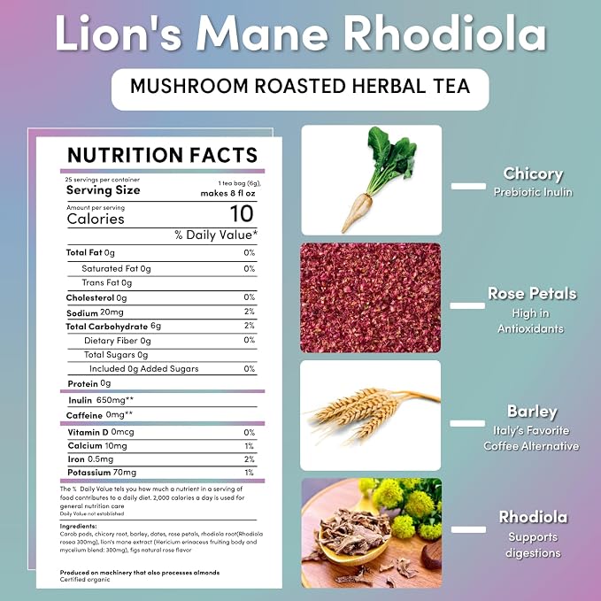 Teeccino Lion’s Mane Rhodiola Tea - Rose - 25 TeaBags Caffeine-Free Mushroom Adaptogenic Herbal Tea, 3x More Herbs than Regular Tea Bags, Lightly Sweet from Dates & Figs, Chicory Prebiotic - (Pack of 3)