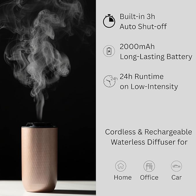 Waterless Essential Oil Diffuser - Cordless Rechargeable Aromatherapy Scent Machine for Home Bedroom Car Office Travel - 3 Mist Levels, 4 Timer Modes, 24-Hour Battery