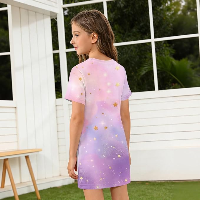 Girl's Anime K-POP Graphic Long Dress T-Shirt - Casual Loose Fit Short Sleeve Top