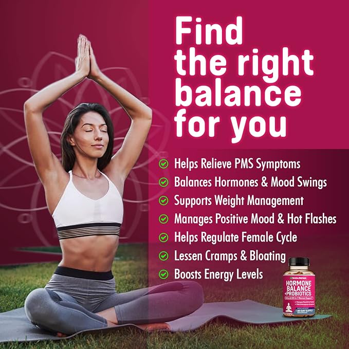 Hormone Balance + Probiotics for Women- Natural Menopause Relief, Weight Management, Bloating, Hot Flashes, PMS | Organic Maca, Chasteberry, Dong Quai & Black Cohosh | Non GMO |120 V Capsules | All Natural, NON GMO, Made in USA