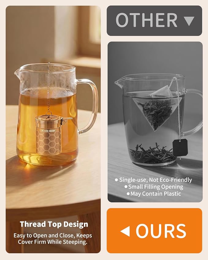 House Again Tea Infuser, 304 Stainless Steel Extra Fine Mesh Tea Strainer for Loose Tea, Upgraded Press-to-Open Lid, Loose Leaf Tea Steeper for Spices & Seasonings