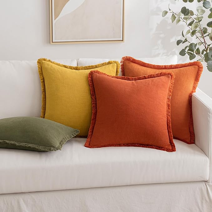 MIULEE Linen Fringe Decorative Fall Throw Pillow Covers Burnt Orange 20x20 | Set of 2, Cottagecore Decor, Boho Farmhouse Neutral Pillow Covers, Rustic Fall Couch Cushion Cases for Sofa Bed Living Room