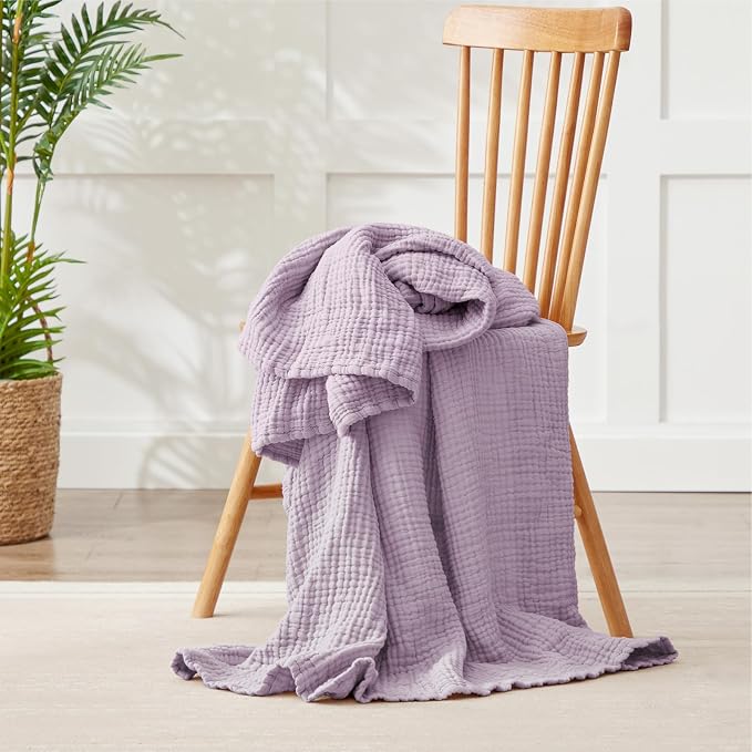 100% Cotton Muslin Blanket Large 50" x 70", 6 Layers Breathable and Lightweight Cotton Throw Blanket for Bed and Couch, Soft Quilt Bedspread, Gauze Blanket for Adults All Season, Lavender
