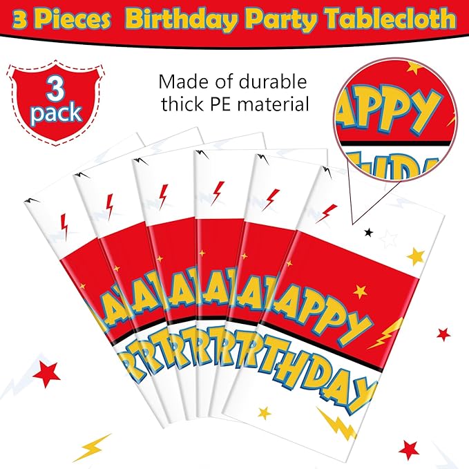3 Pack Red White Birthday Tablecloth Party Decorations, Lightning Bolts Plastic Table Cloth, Disposable Cartoon Table Cover for Kids Birthday Baby Shower Party Supplies Decorations, 54” x 108”