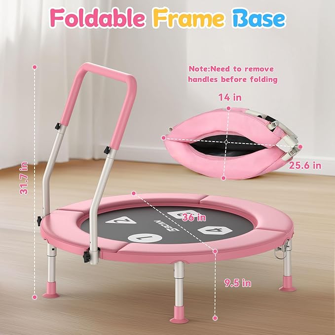 BCAN BT1 36'' Toddler Trampoline, ASTM Certified-Foldable Mini Trampolines for Kids Ages 1-6, Adjustable Handle, Safety Pad & Foldable Legs, Baby Trampoline Indoor/Garden, Gift for Boy and Girl