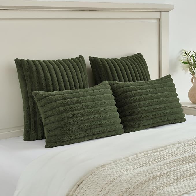FUTEI Pack of 2 Faux Fur Throw Pillow Covers 20x20 Inch, Olive Green | Fluffy Faux Rabbit Fur Front/Premium Velvet Back,Hidden Zipper,Machine Washable,Non-Shedding,Colorfast,Insert Not Included.