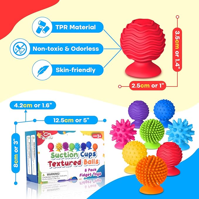 Sensory Fidget Toys for Kids and Adults: Textured Suction Cup Toys for Autism - Squishy Sensory for Classroom Bath - 8 Pack Calm Down Corner Supplies for Boys Teens - Road Trip Activities