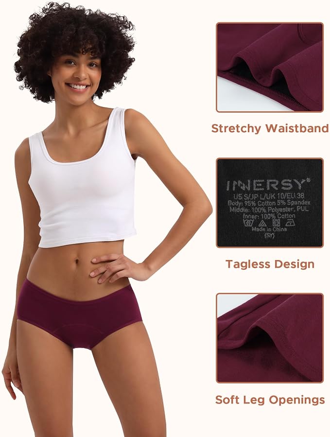 INNERSY Period Underwear for Women Teens Leak-Proof Menstrual Cotton Protective Hipster Panties 3-Pack