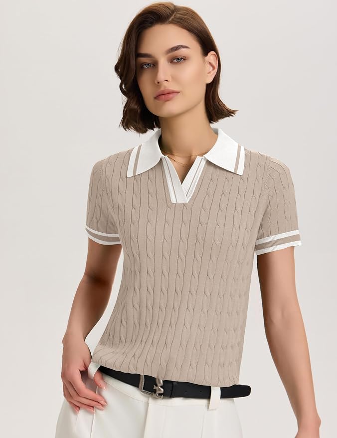 Micoson Womens Short Sleeve Sweater Tops Lapel V Neck Polo Shirts 2026 | Summer Cable Knit Loose Blouses, Business Casual Outfits