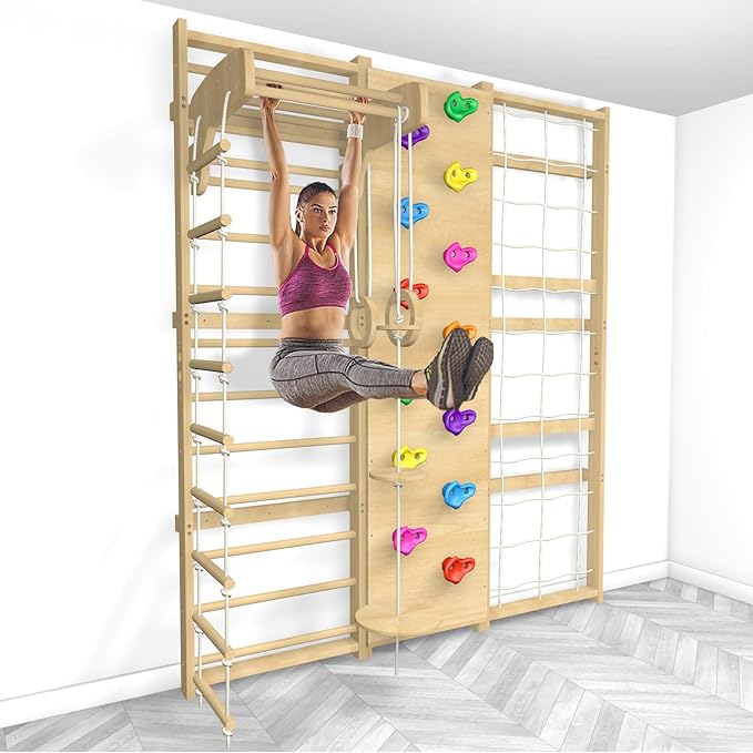 Upgraded Extra-Large Size 94.5inch Height 10-in-1 Swedish Ladder Gym Set, Home Playground with Swing, Rope Ladder, Pull-Up Bar, Slide and Rock Climbing Wall for Kids and Adults