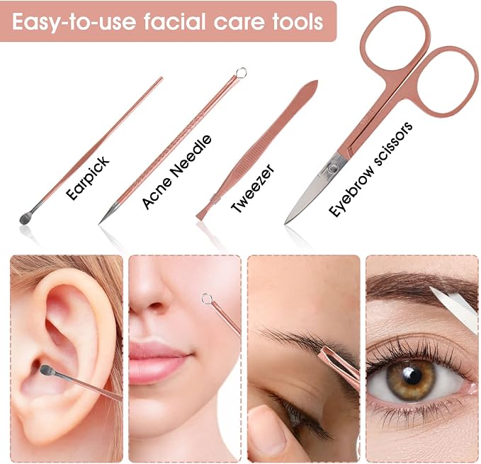 Nail Clippers & Beauty Tool Portable Set, Rose Gold Manicure Set, 12 in 1. | Martensitic Stainless Steel, Pink Leather Bag, Suitable for Home, Workplace, Outdoor Travel, Gift Giving, Salon.