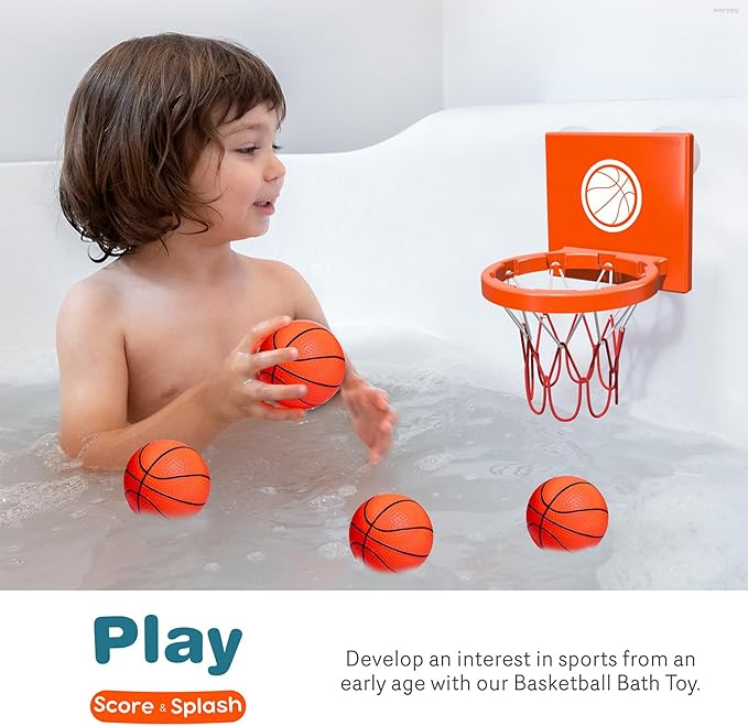 MARPPY Bath Toys - Bathtub Basketball Hoop for Kids, Toddlers - Suction Cup Basketball Hoop and 4 Soft and No Hole Balls - Baby & Toddler Mini Basketball Hoop - Boys & Girls