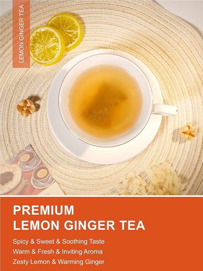 TeeLux Lemon Ginger Herbal Tea, Refreshing Lemon with Spicy Ginger Root & Zesty Lemongrass, Caffeine Free, Soothing & Tangy Flavor, 100 Tea Bags