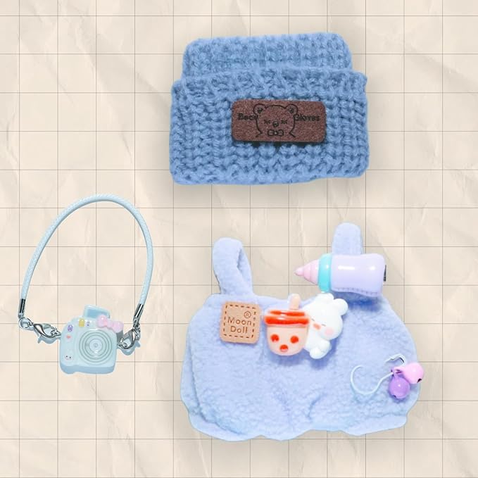 17cm Doll Clothes Set (Doll Not Included) -3-Piece-Handmade Crochet Outfit, Chic Fashion with Stylish Accessories for Mini Dolls -Hat + Overalls + Camera Ornament [Light Blue]