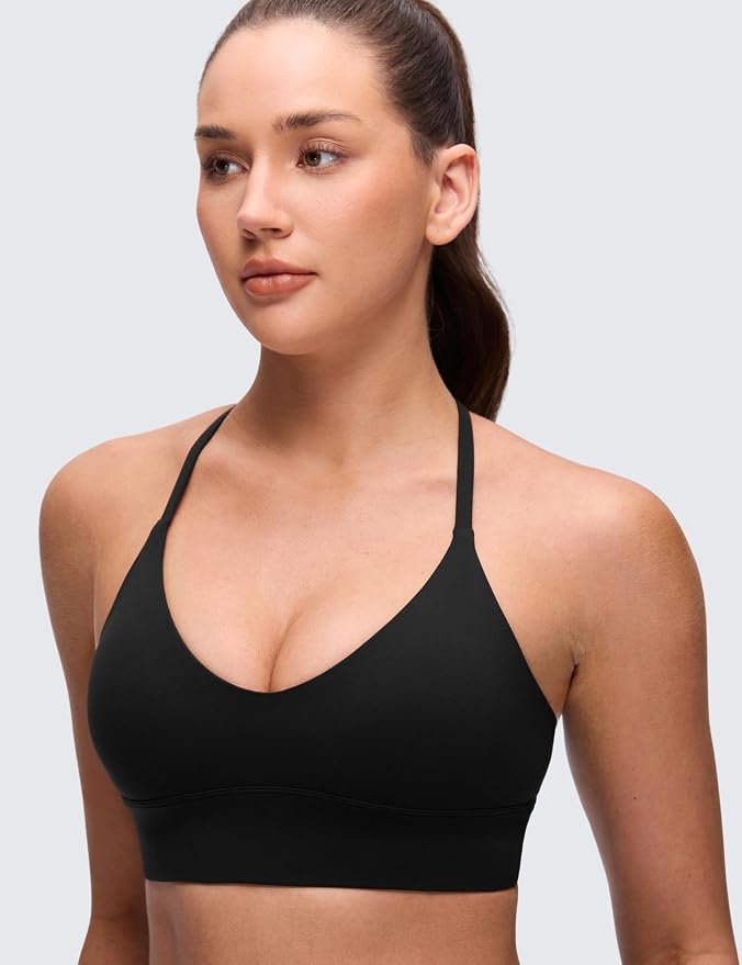 CRZ YOGA Butterluxe Thin Straps Cross Back Longline Sports Bras for Women - Padded V Neck Yoga Crop Top