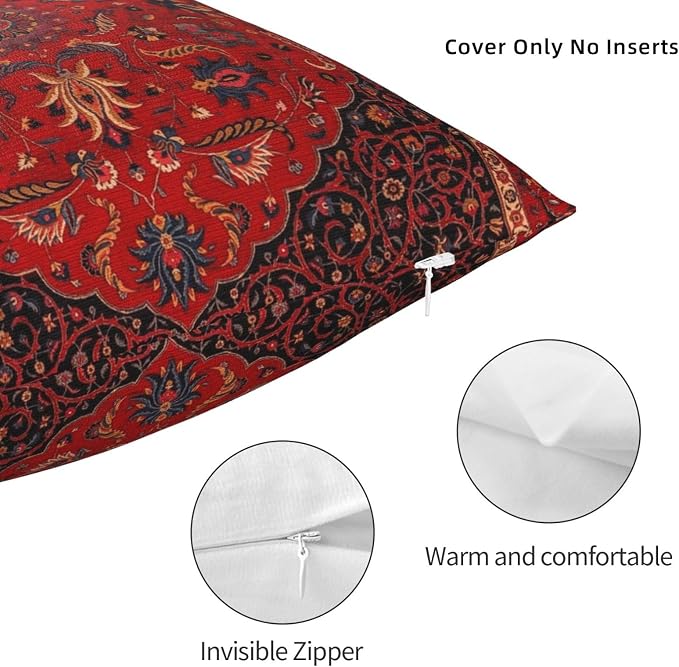 Antique Persian Rug Red Pillow Covers Decorative Square Throw Pillowcase 18x18 Inch Couch Cushion Cover for Home Decor Living Room Bedroom College Dorm Bed Car Sofa